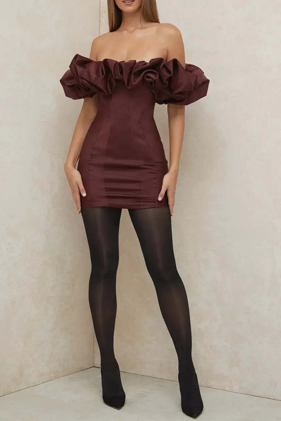 Burgundy Satin Ruffle Strapless Mini Dress Flowering Girl
