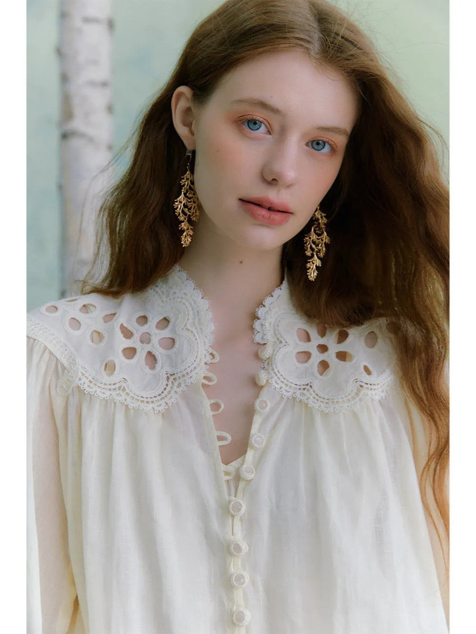Beige Hollow Embroidered Lantern Sleeve Stand-Collar Ramie Shirt Flowering Girl
