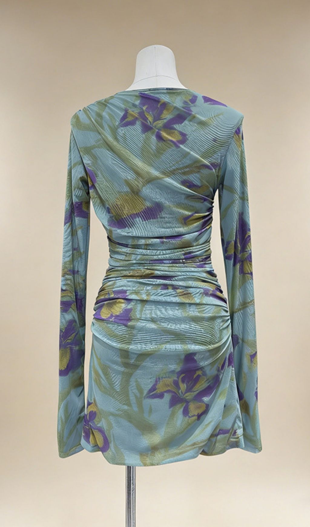 Keshia Printed Ruched Long Sleeve Mini Dress Flowering Girl