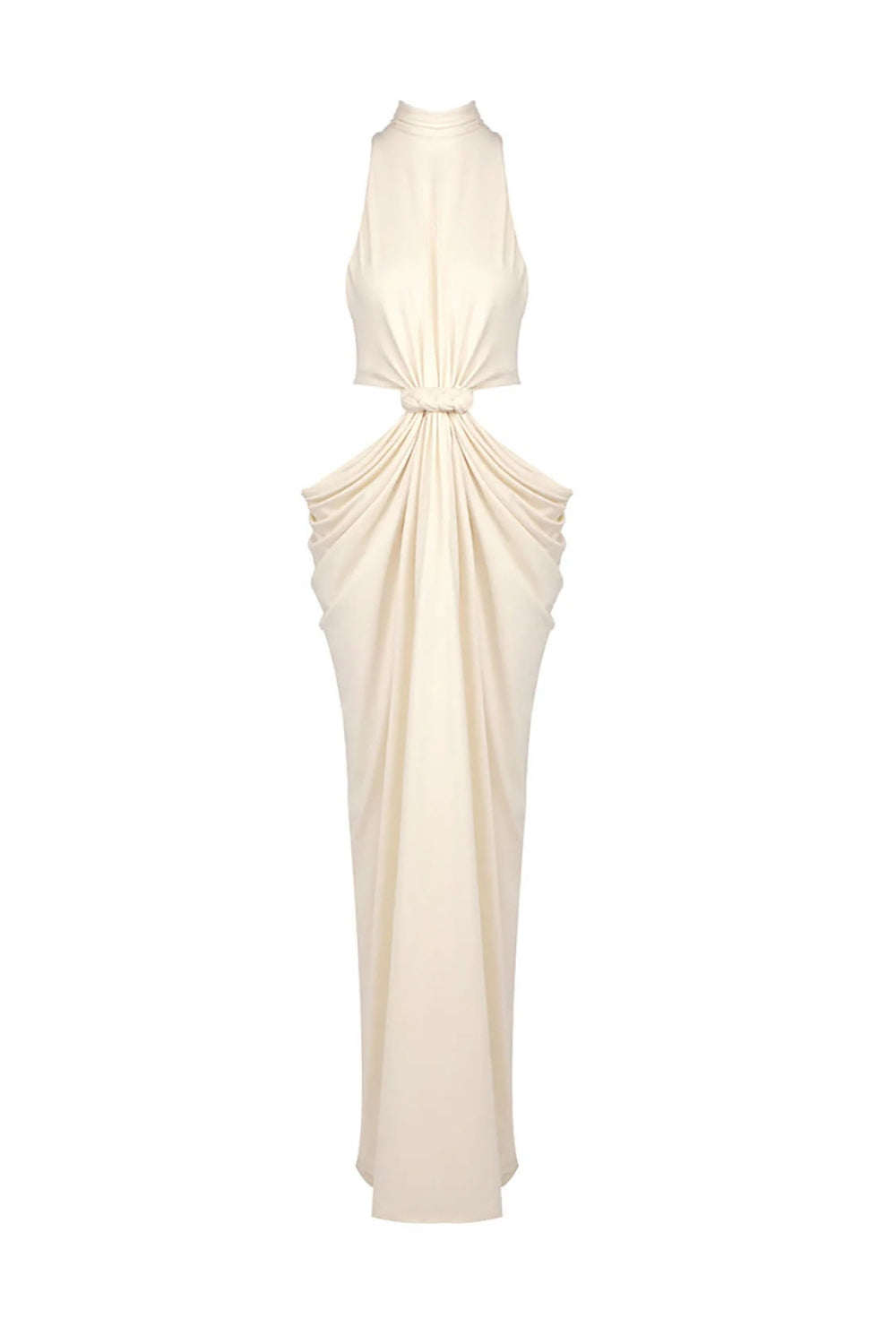 Stephanie Cutout Waist Halter Maxi Dress In Beige Flowering Girl