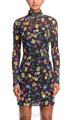Puckered Lace mini Dress in Black Multi Flowering Girl