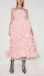Folding Ruffled Midi Dress In Pink Flowering Girl