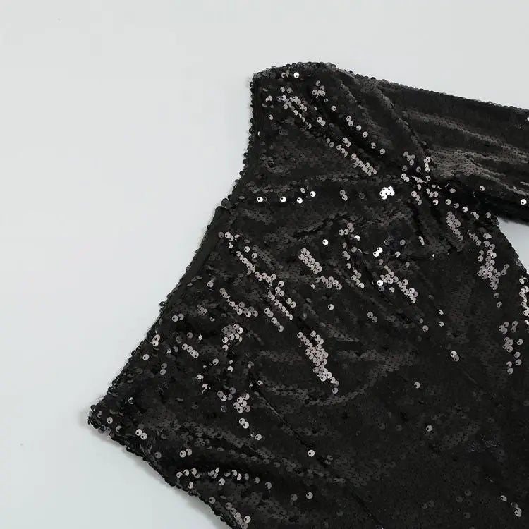 Black Sequin One Shoulder Feather Mini Dress Flowering Girl