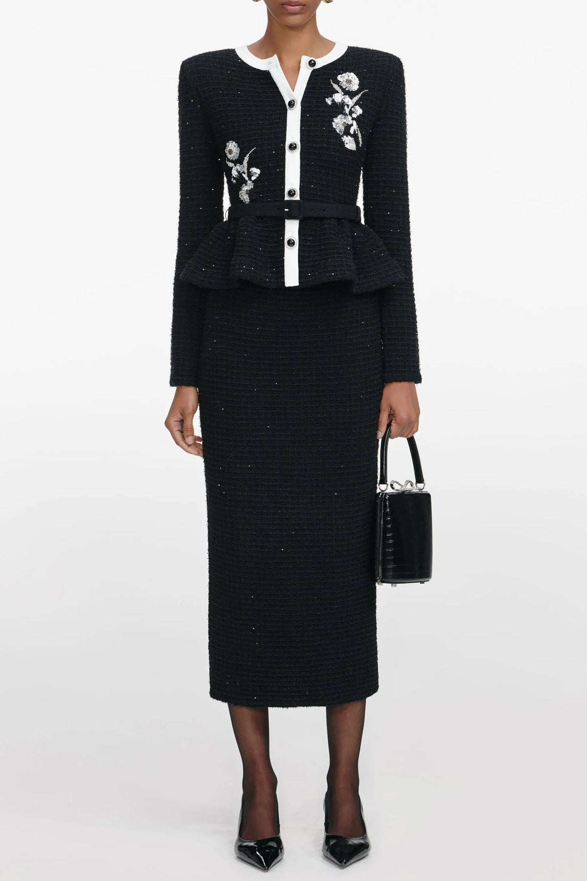 Vicky Black Floral Textured Knit Midi Dress Flowering Girl
