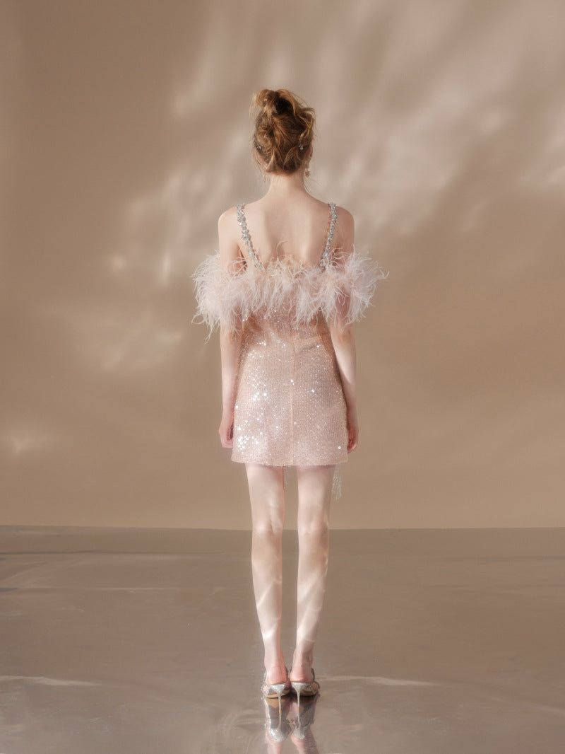 Priscilla Sequin Feather Crystal-Strap Mini Dress In Pink Flowering Girl