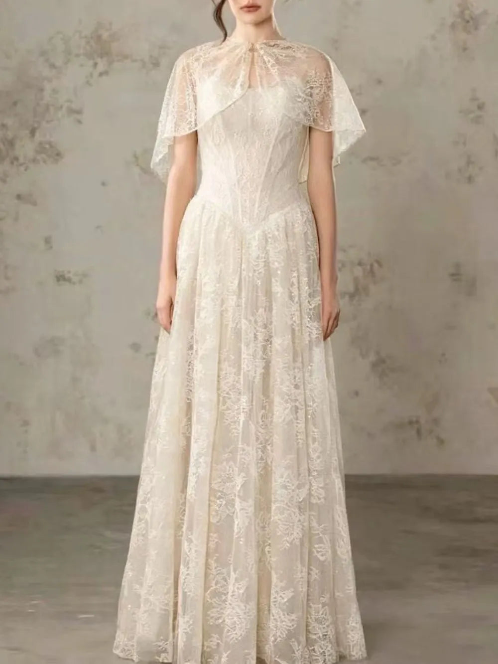 Lace Cape Strapless A Line Maxi Dress Flowering Girl