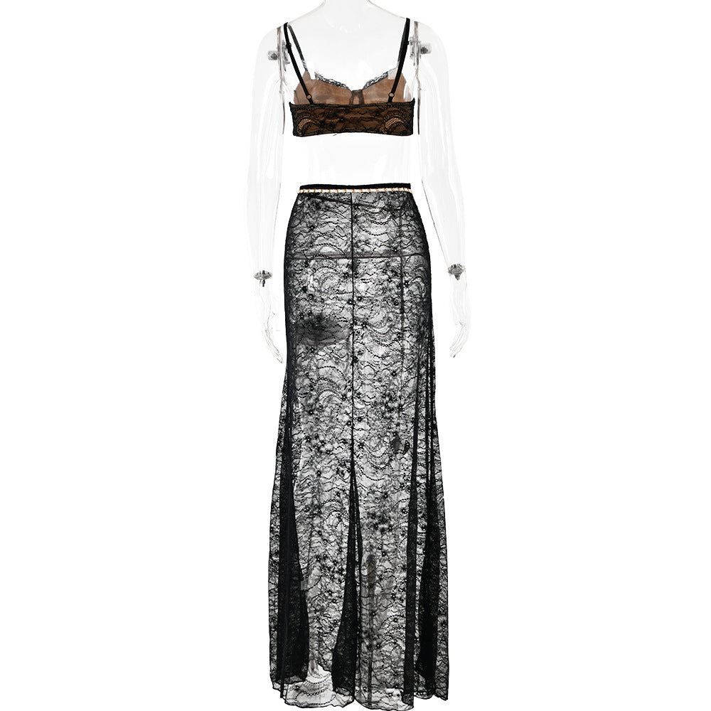 Lace Skirt Set With Waist Chain In Black Flowering Girl