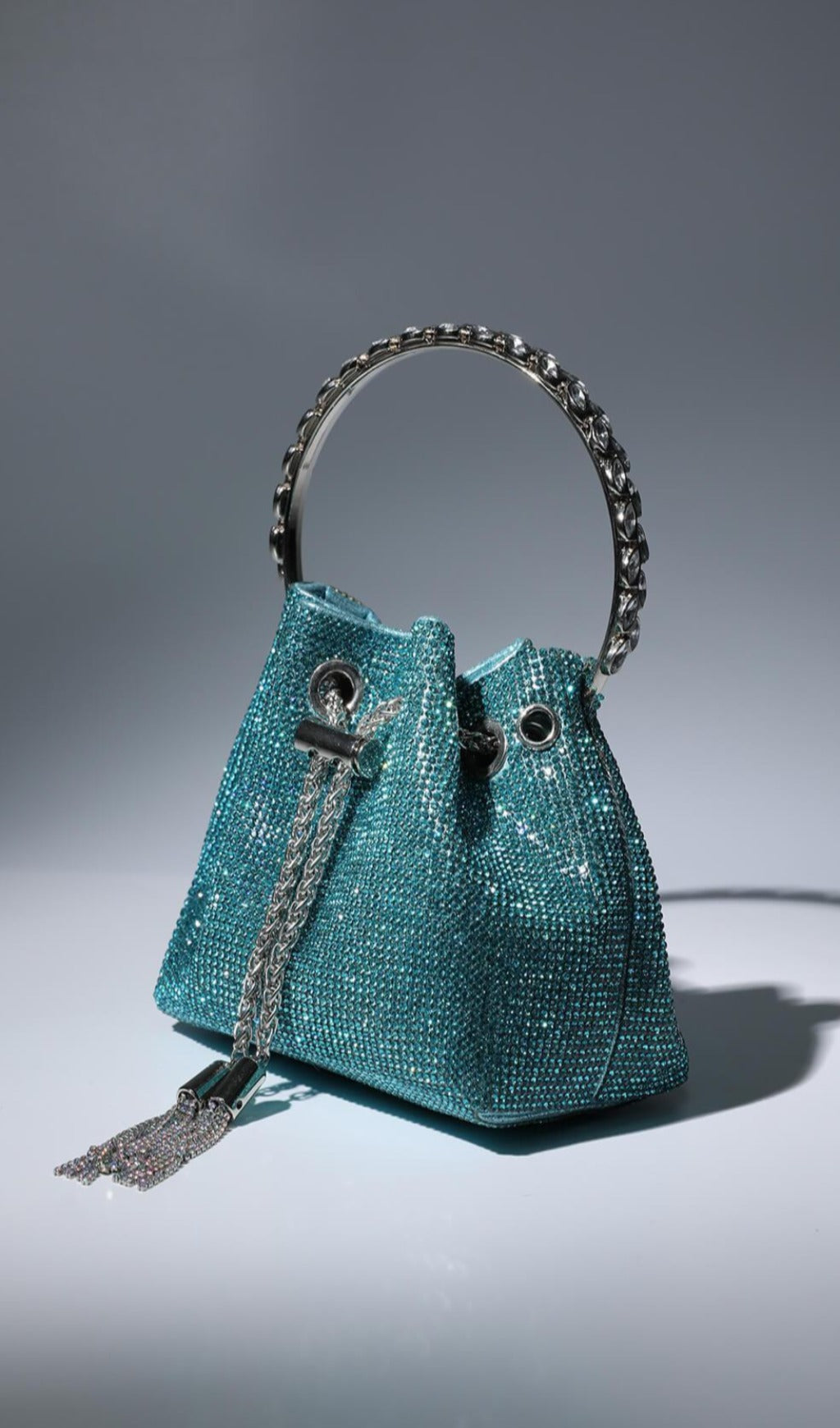 Crystal Embellished Bucket Bag In Blue Flowering Girl