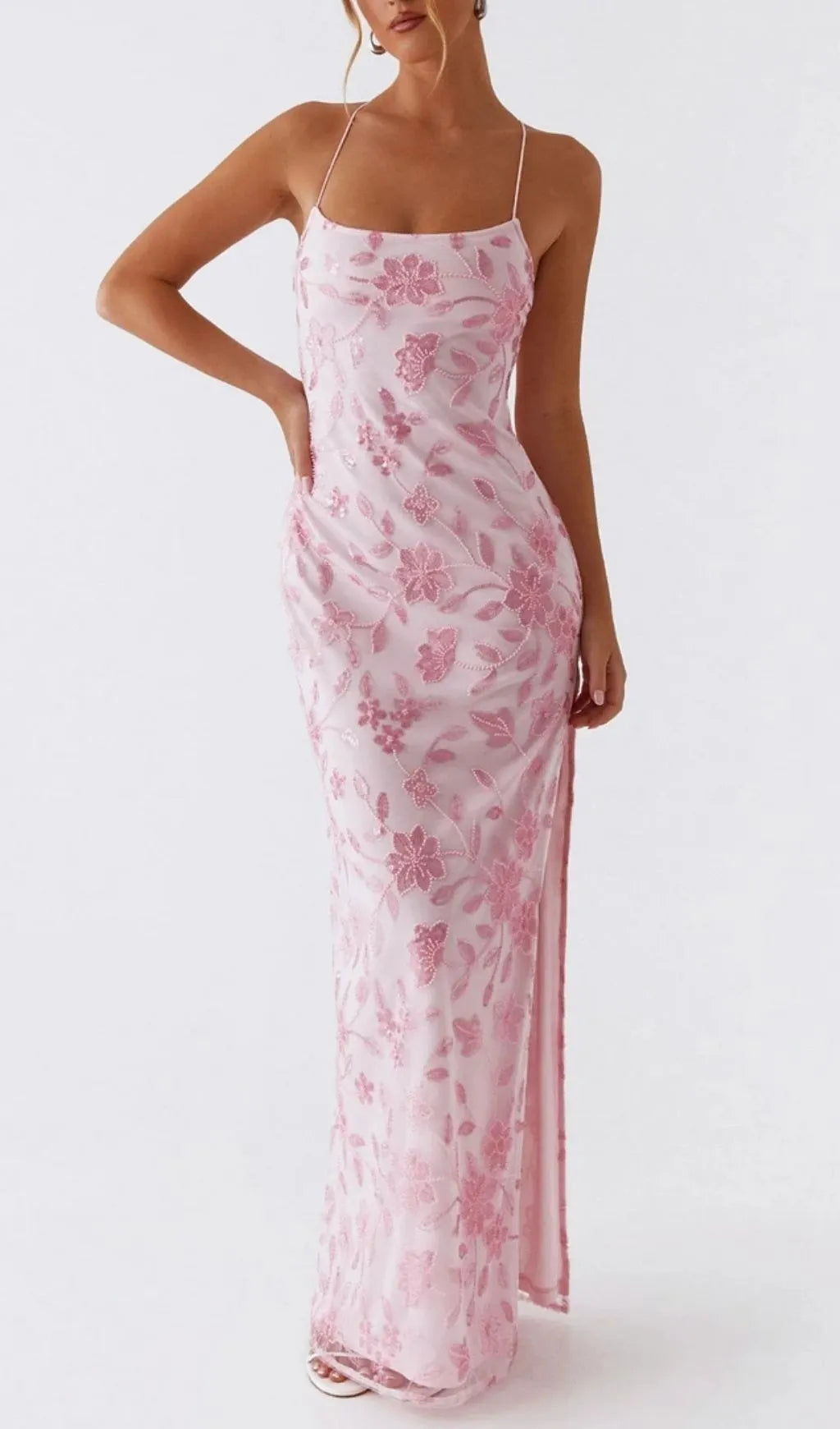 Ongus Floral Sequin Maxi Dress - Pink Flowering Girl