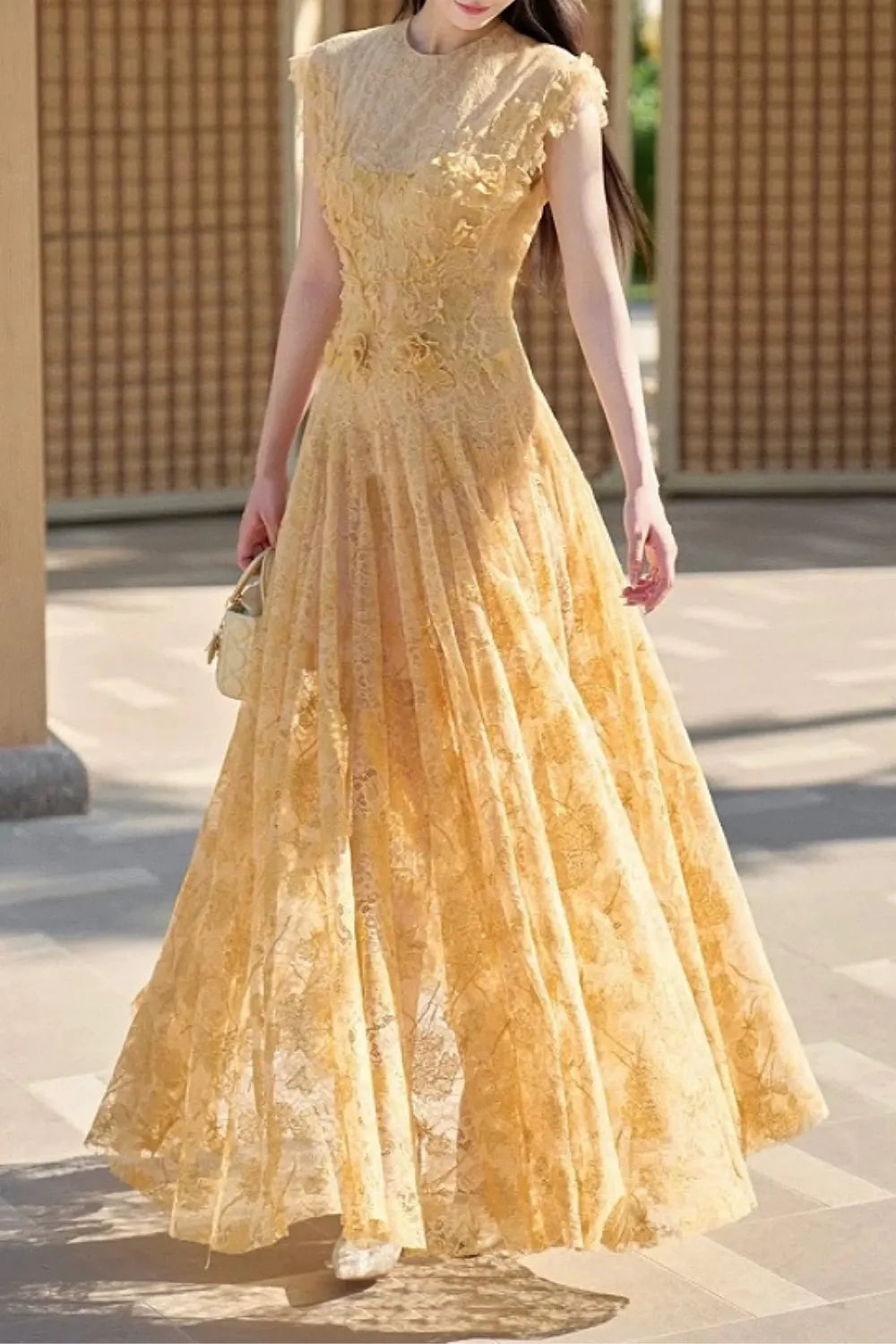 Jennifer Lace Flower Embellished Maxi Dress In Yellow Flowering Girl