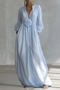 Blue Deep V-neck Three-dimensional Floral Maxi Dress Flowering Girl