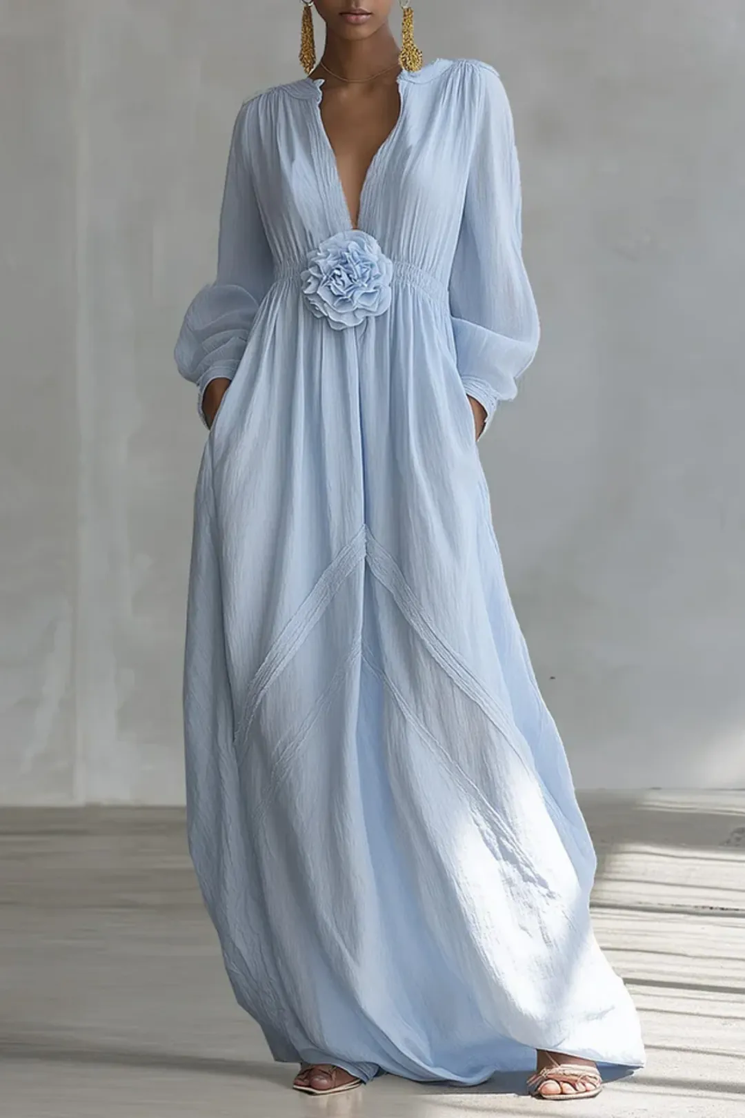 Blue Deep V-neck Three-dimensional Floral Maxi Dress Flowering Girl