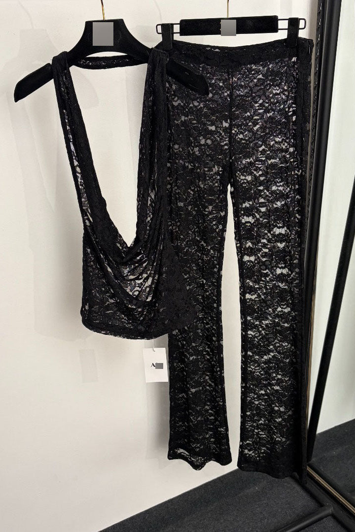 Black Sheer Floral Lace Cowl Halter Jumpsuit Flowering Girl