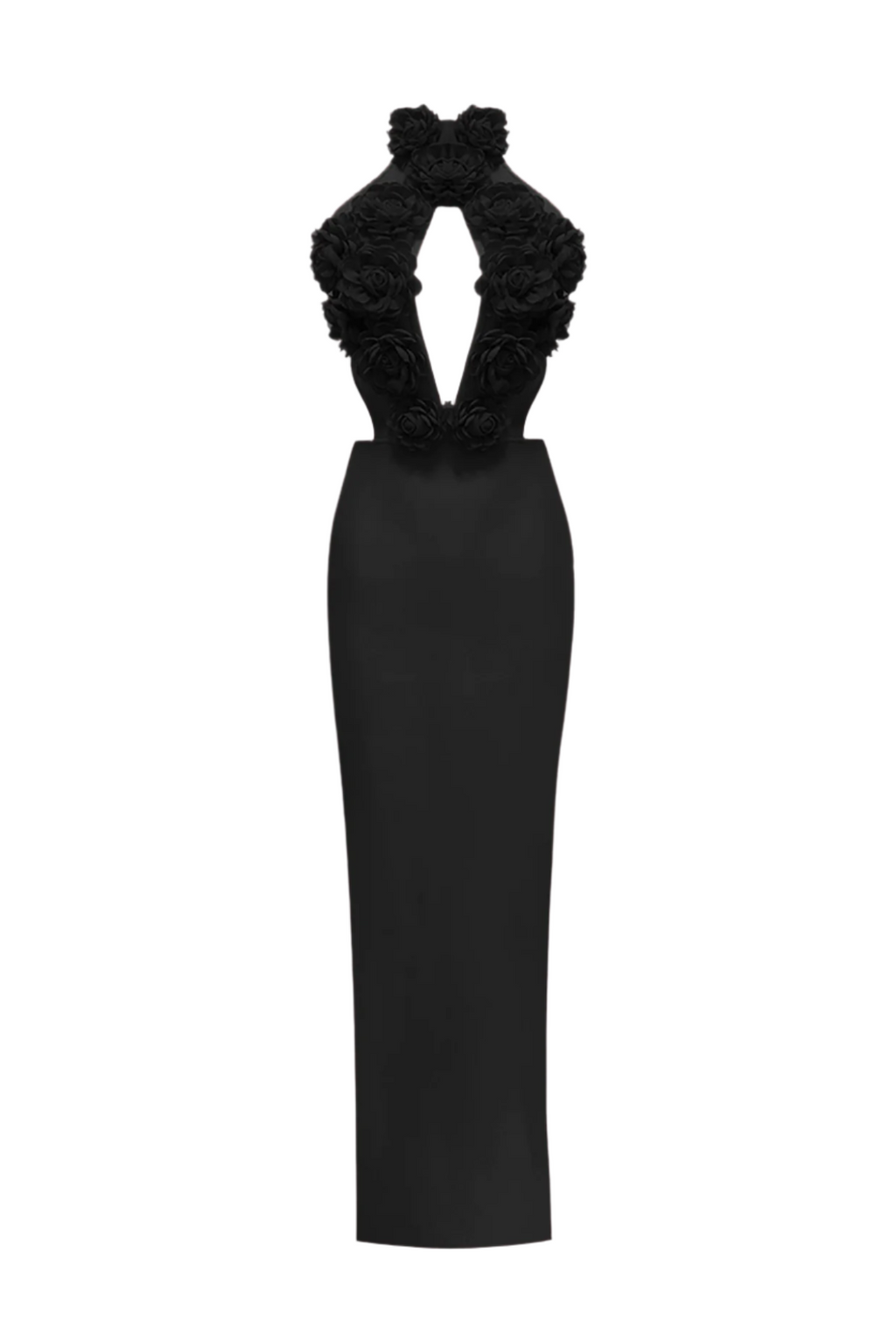Datherine Floral Appliqué Halter Maxi Bandage Dress - Black Flowering Girl