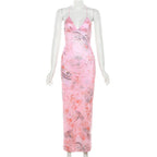 Printed Strappy Butterfly Backless Plunge Sheath Slip Maxi Dress Flowering Girl