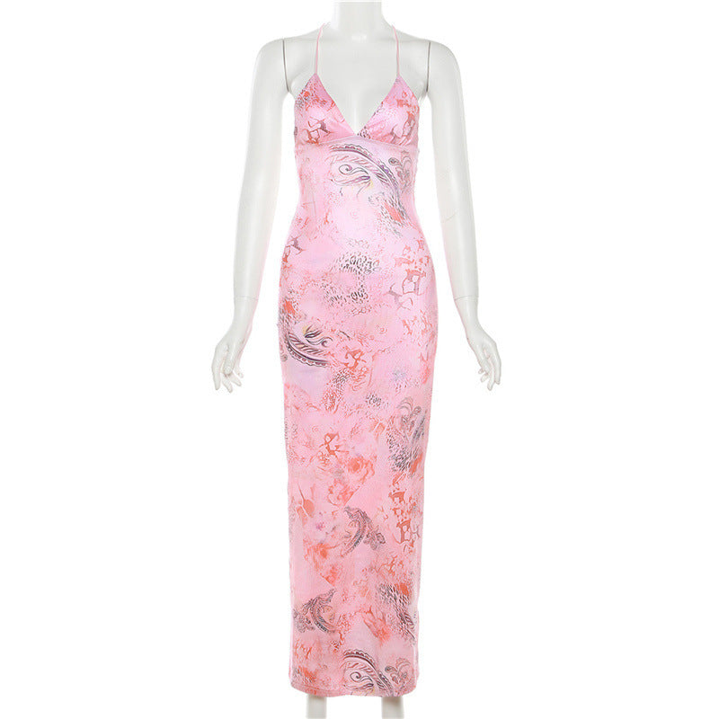 Printed Strappy Butterfly Backless Plunge Sheath Slip Maxi Dress Flowering Girl