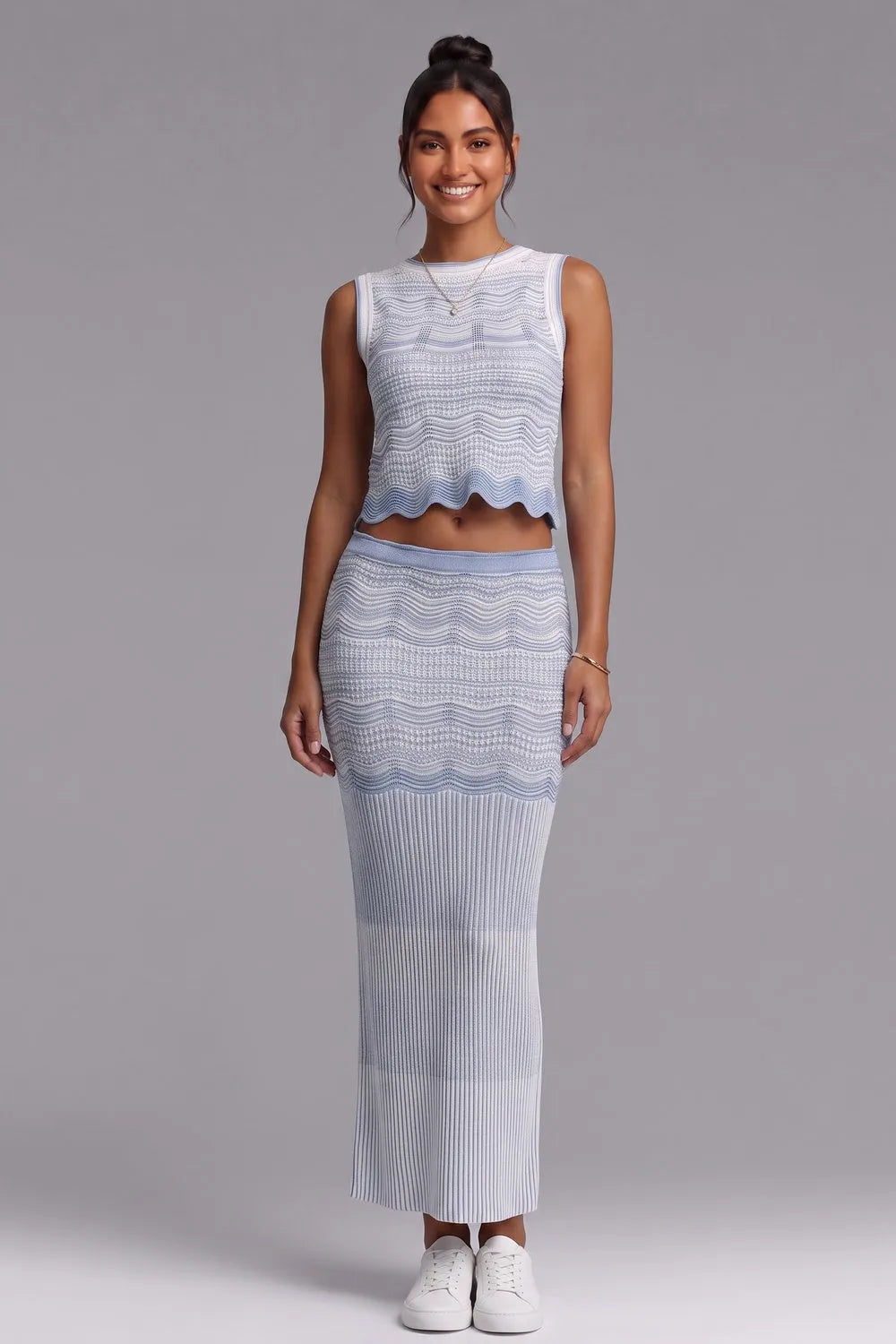 Wavy‑Knit Sleeveless Crop Top & Midi Skirt Two‑Piece Set Flowering Girl