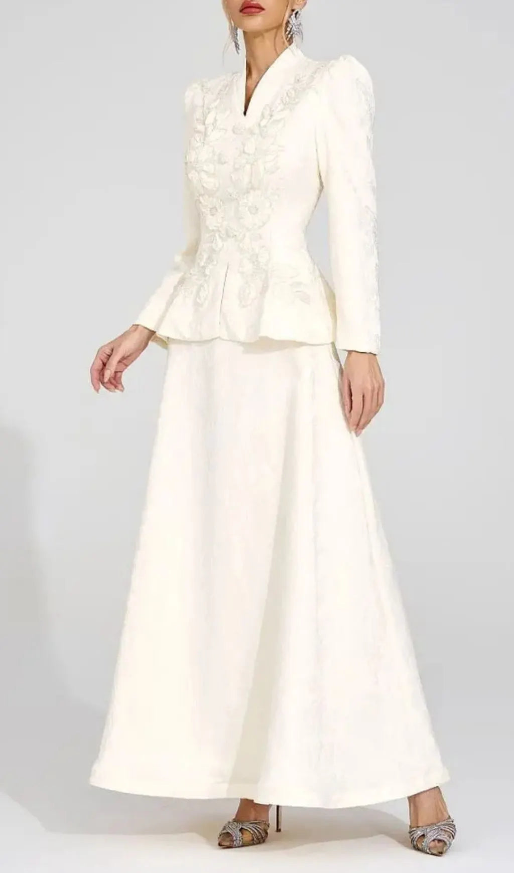 Sabrina Floral Embroidered Coat Maxi Skirt Set - Apricot Flowering Girl