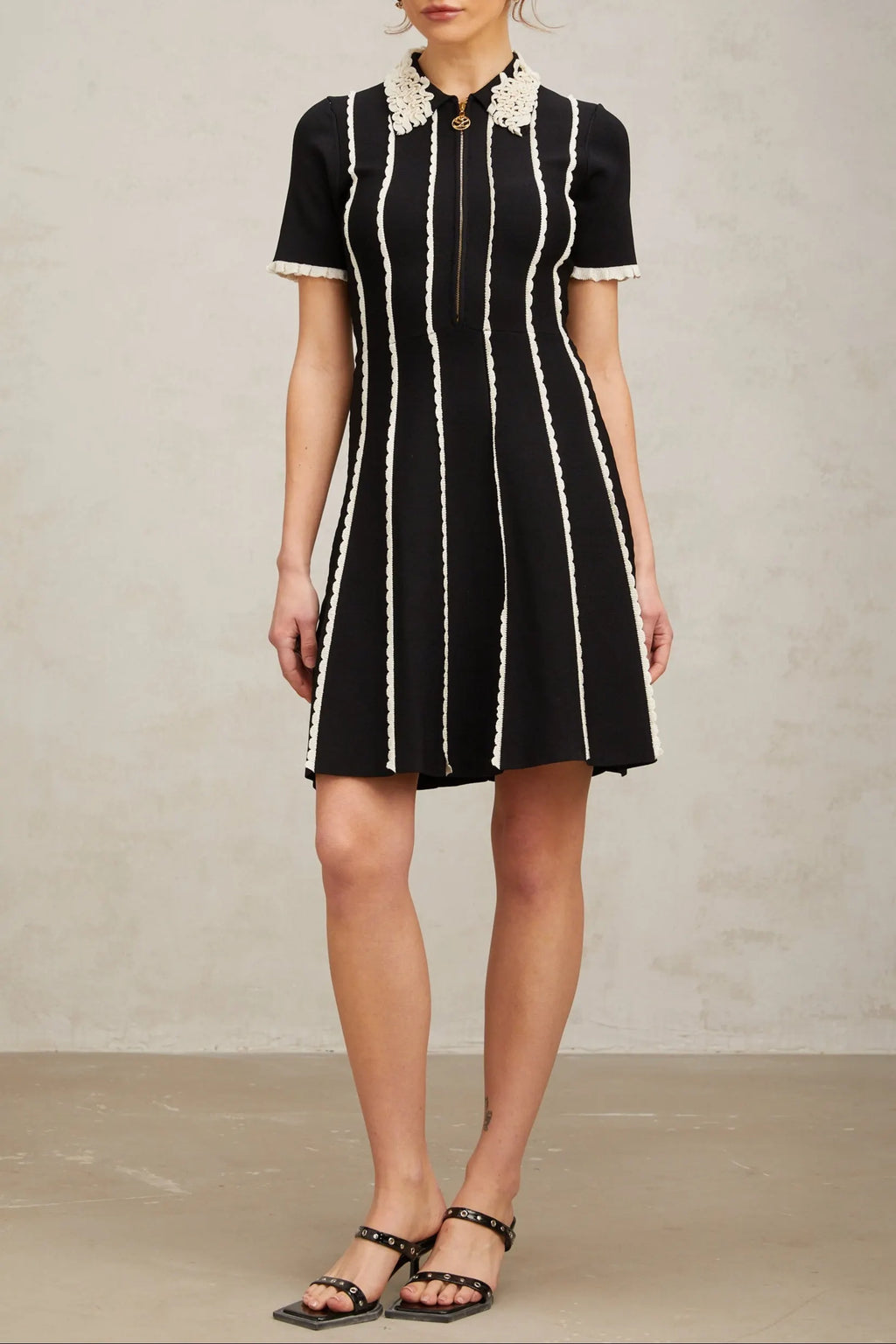 Zazie Black Vertical-Striped Ruffle-Trim Knit Mini Dress Flowering Girl