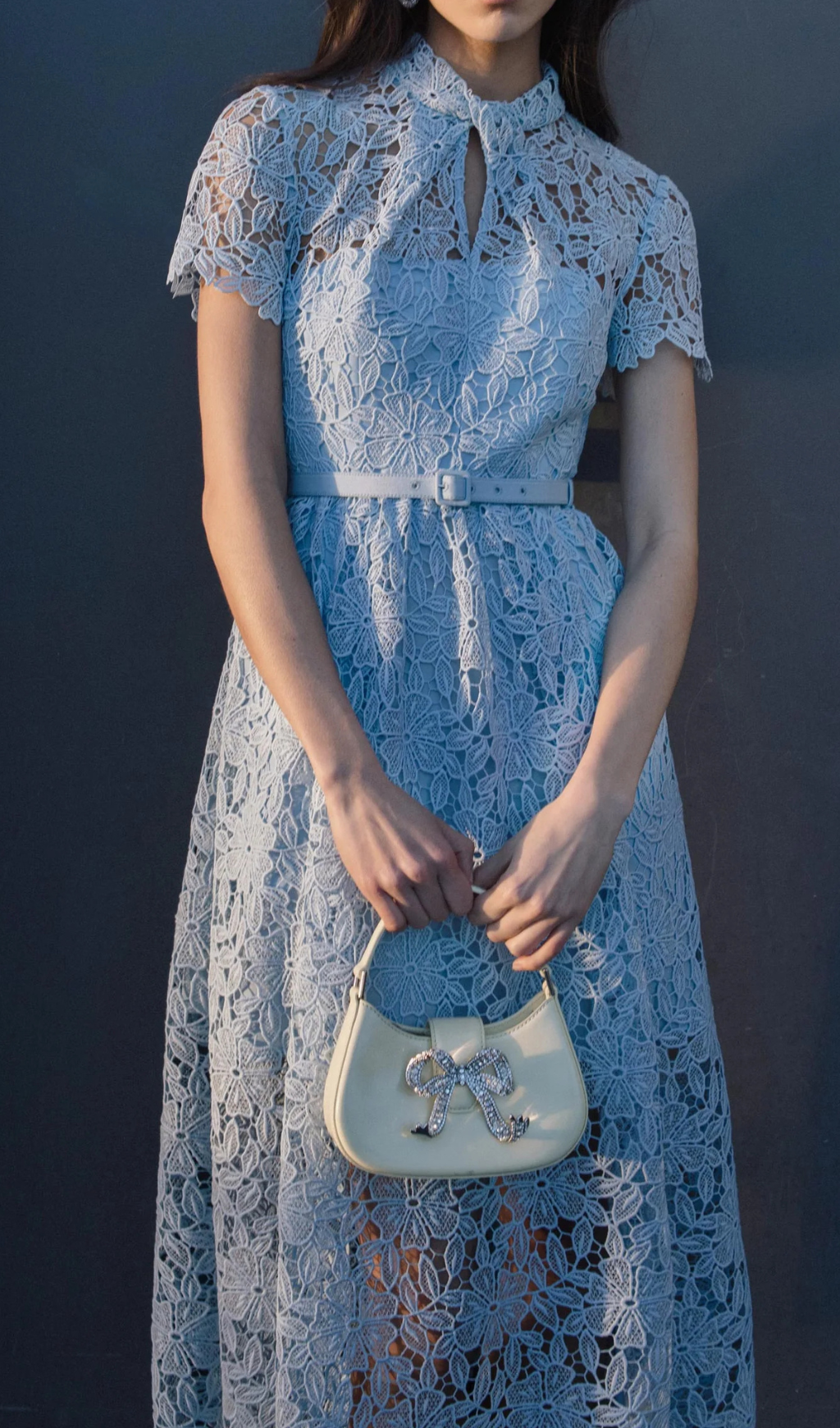 BLUE GUIPURE LACE A LINE MIDI DRESS Flowering Girl