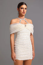 Joa Halter Off-The-Shoulder Bow Mini Dress In Apricot Flowering Girl