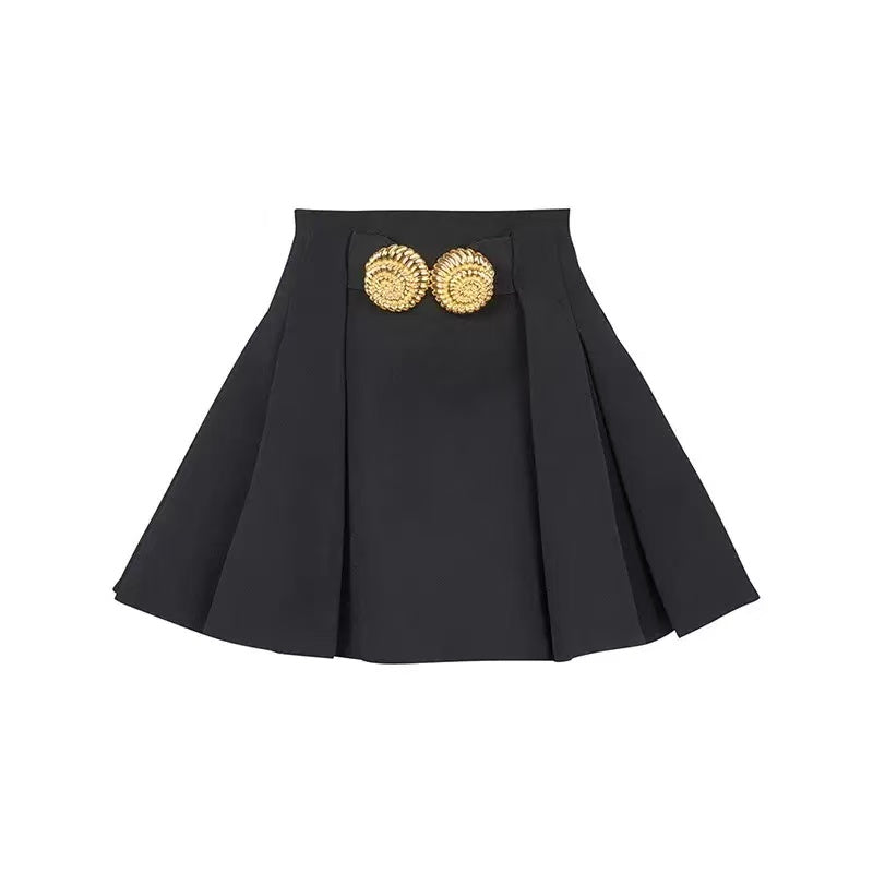 Black High Waist Pleated Mini Skirt with Statement Double Gold Buckle Flowering Girl