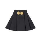 Black High Waist Pleated Mini Skirt with Statement Double Gold Buckle Flowering Girl