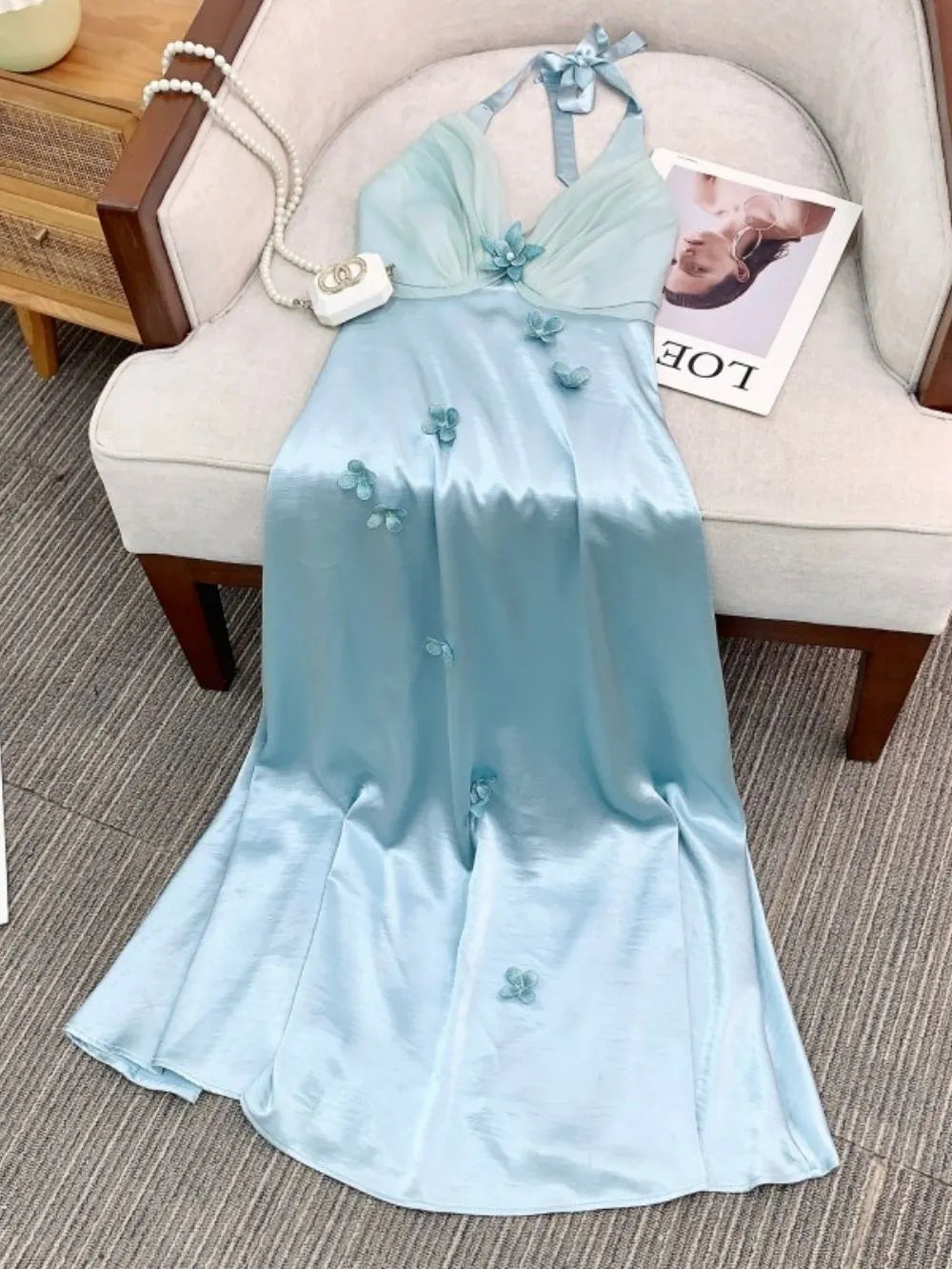 Malone Blue Satin Halter Flower Embellished Maxi Dress Flowering Girl
