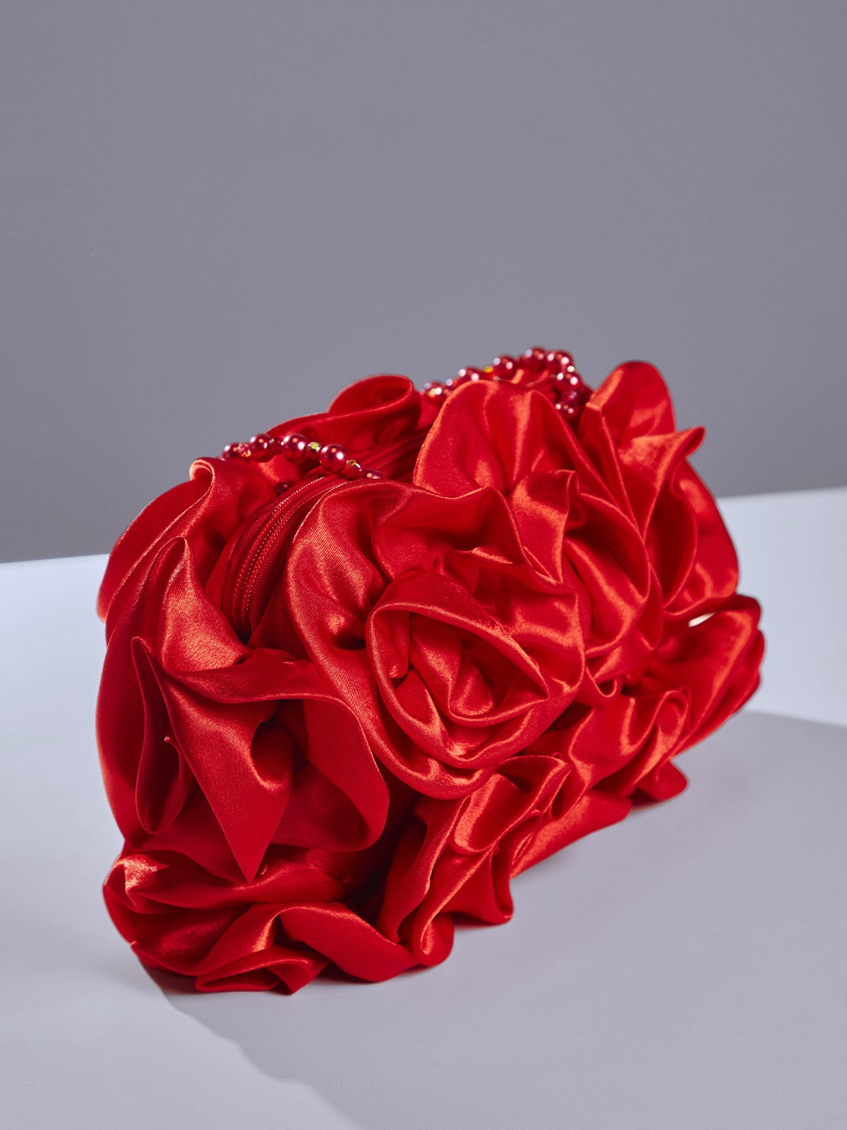 Red Satin Rose Clutch With Beaded Handle Flowering Girl