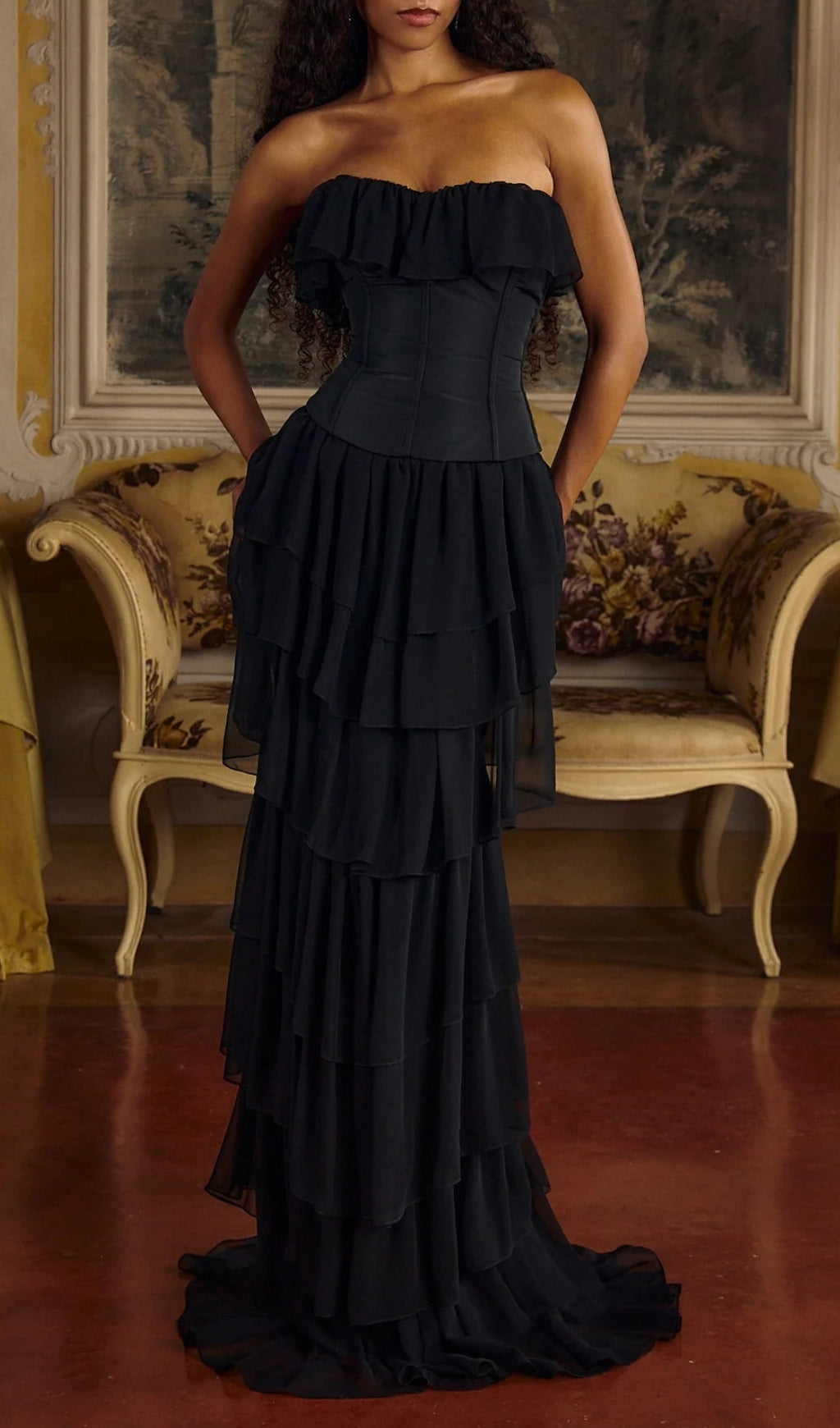 Angelie Black Ruffle Corset Maxi Dress Flowering Girl