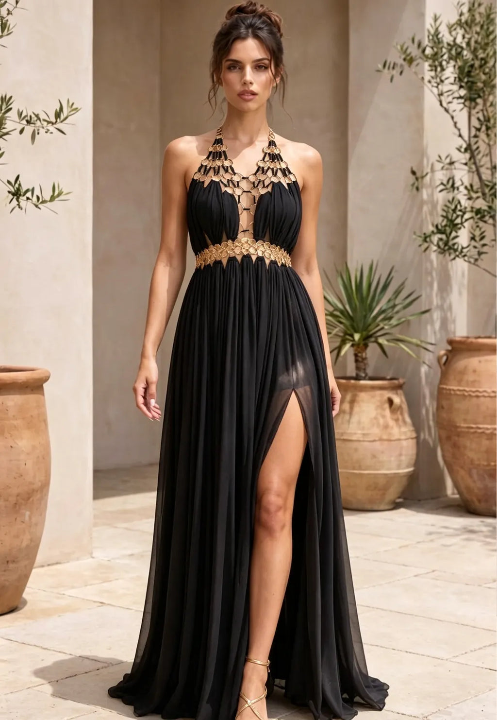 Black Chiffon A-Line Halter Evening Gown Flowering Girl