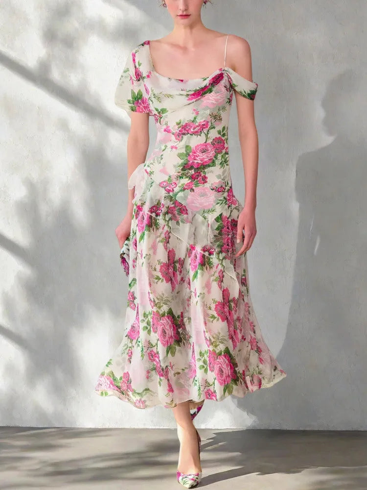 White Off-The-Shoulder Floral Printed Midi Dress Flowering Girl