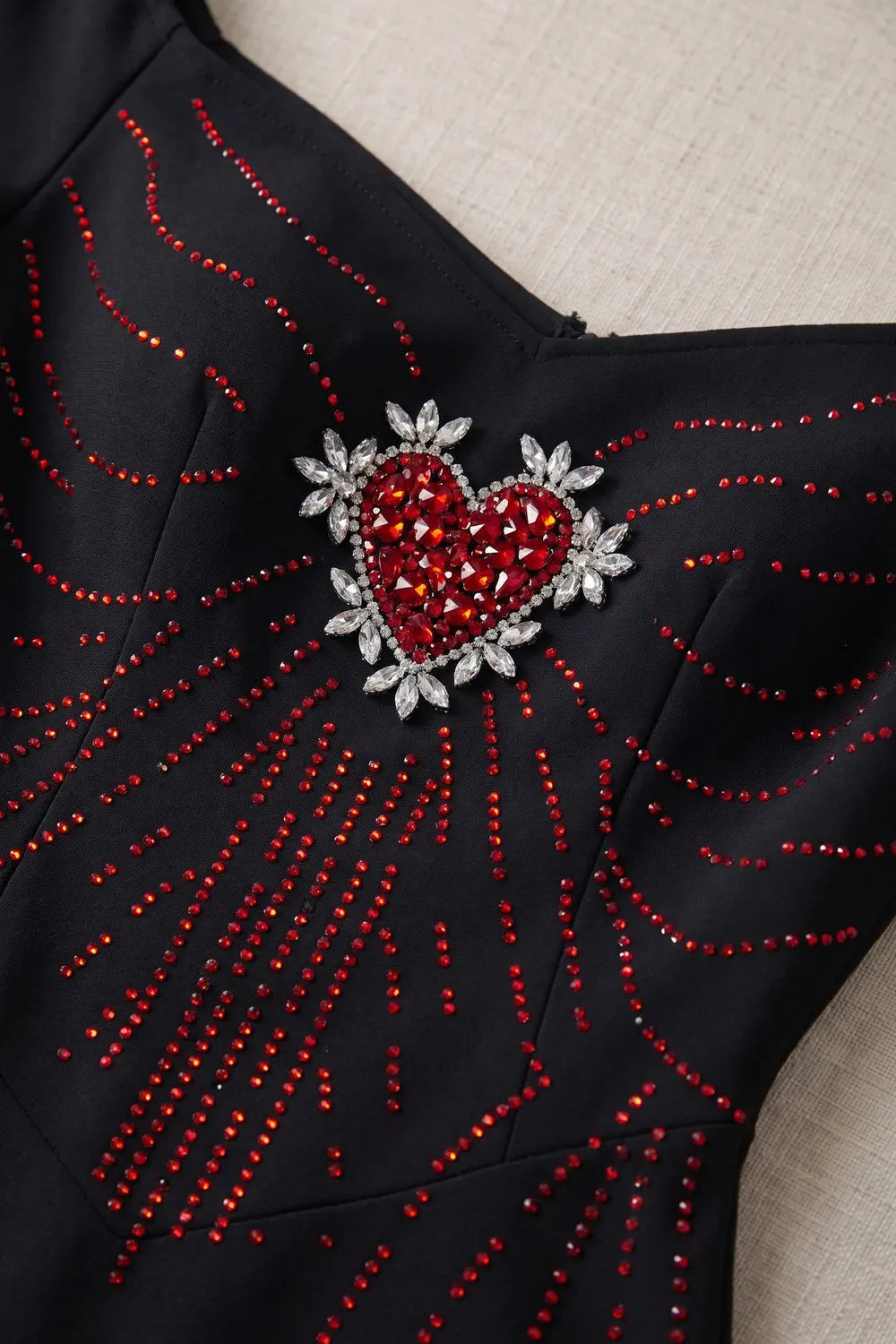 Black Heavy Stretch Crepe Column Gown with Rhinestone Heart Embellishment Flowering Girl