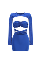 Pearl Cut Out Long Sleeve Bodycon Mini Dress In Blue Flowering Girl