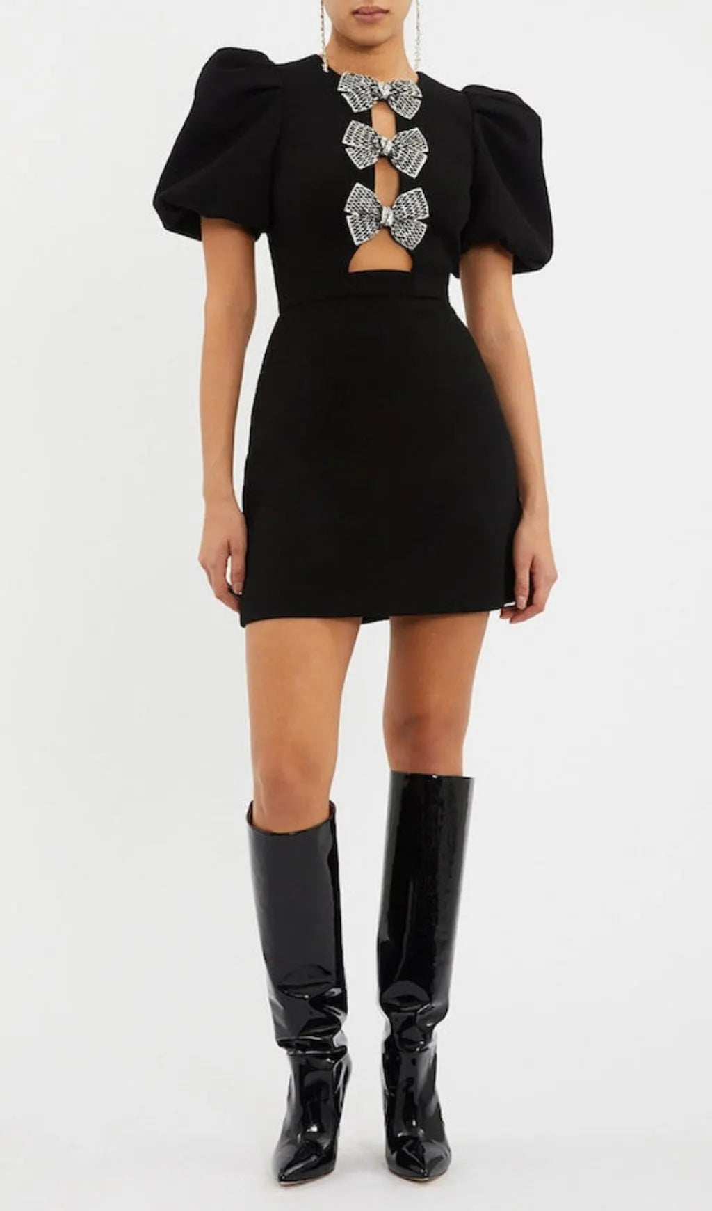 Black Short Sleeve Round Neck Bow Hollow Mini Dress