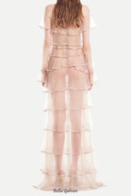 eudora floral inspired ruffle layer tulle gown in nude Flowering Girl