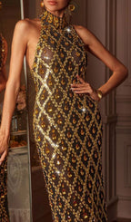 Liora Sequin Crystal Maxi Dress In Gold Flowering Girl