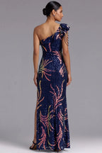 Navy Blue One-Shoulder Sequin Maxi Gown Flowering Girl