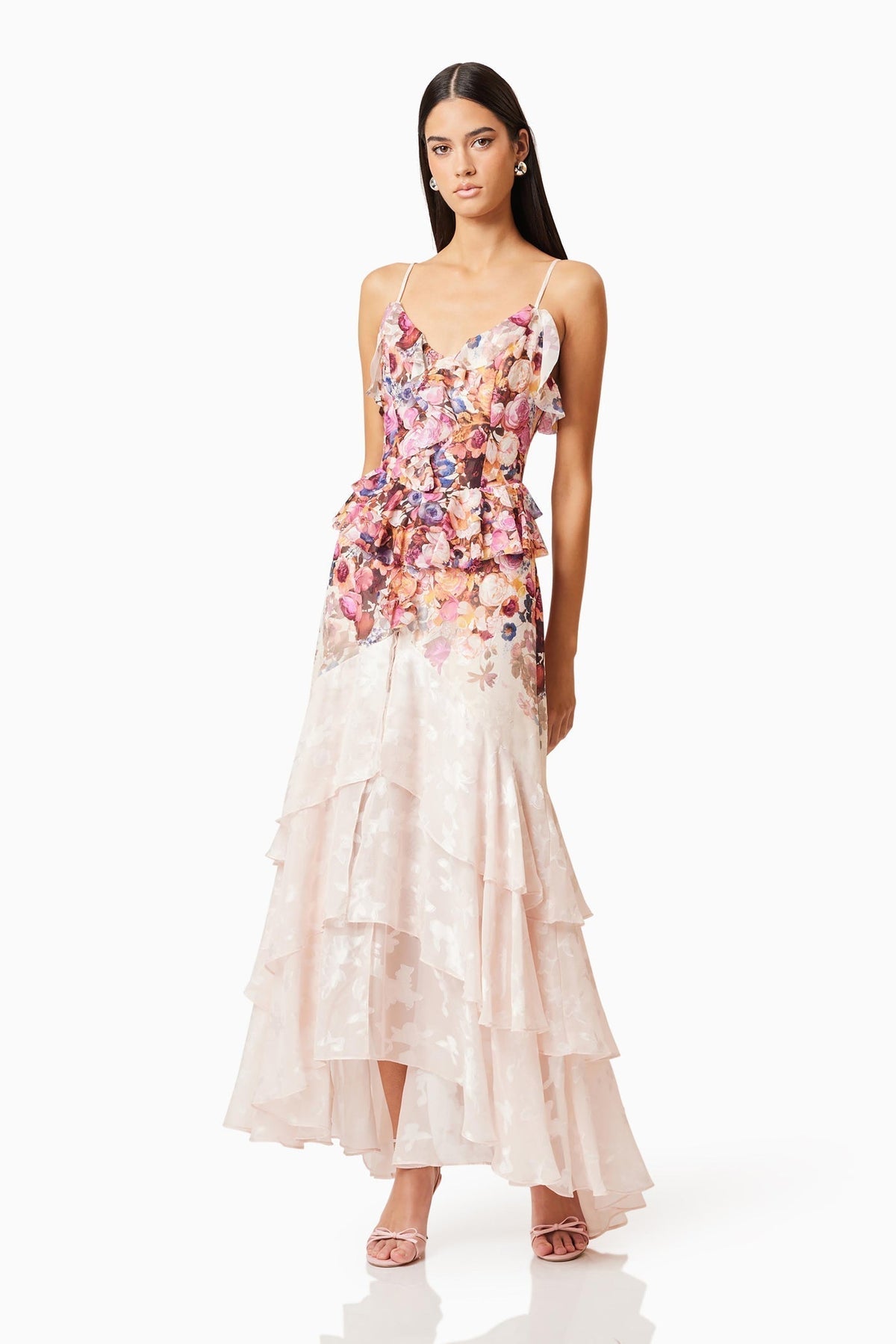 Perla Irregular floral print maxi dress in pink red Flowering Girl