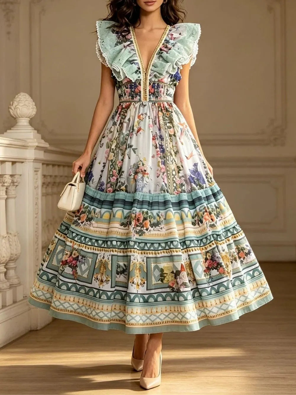 Marja V-Neck Printed Maxi Dress Flowering Girl