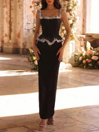 Crystal Pearl Peplum Detail Maxi Dress Black Flowering Girl