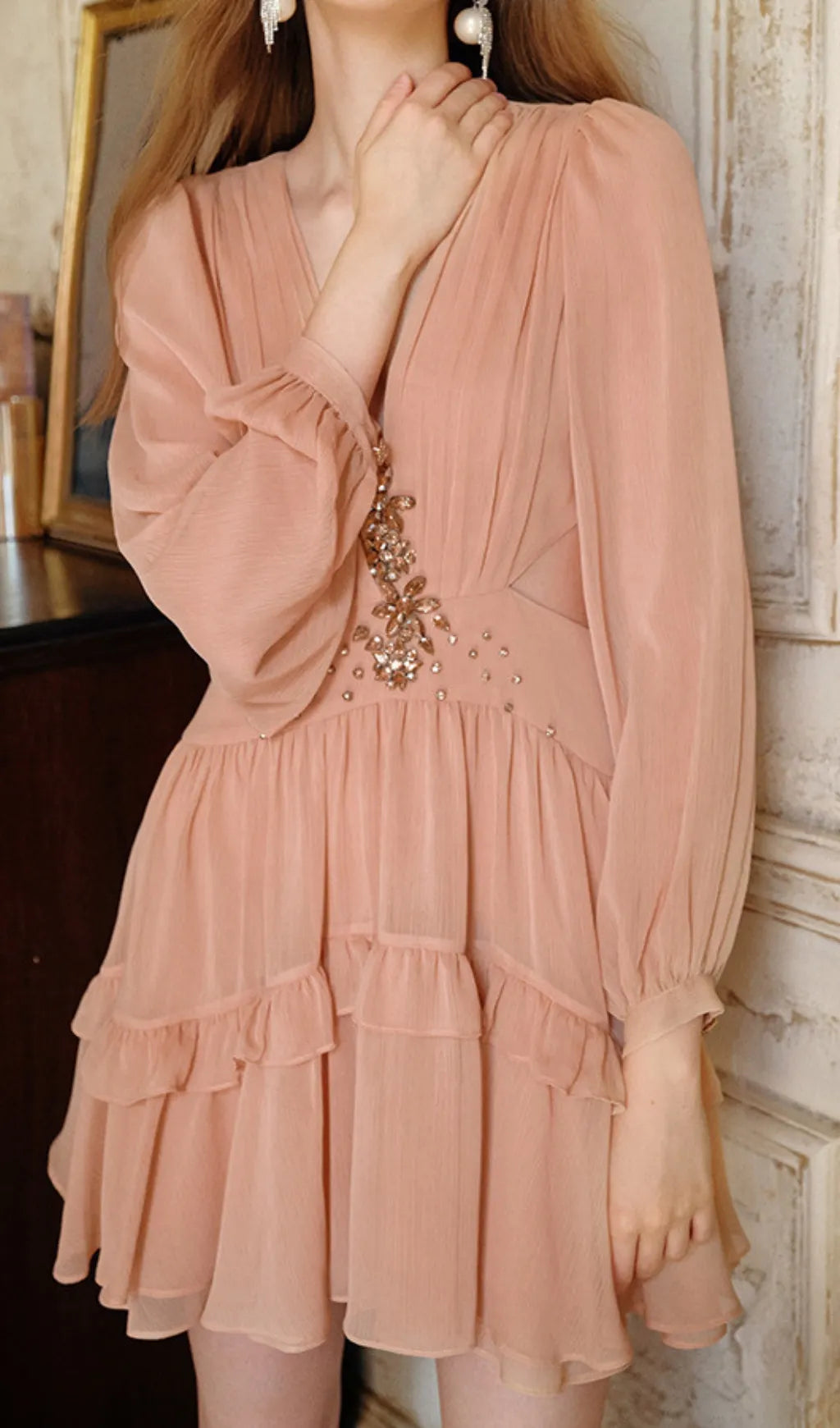 Devera V-Neck Long Sleeve Mini Dress Flowering Girl