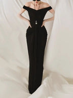 Draped Bardot Maxi Dress Black Flowering Girl