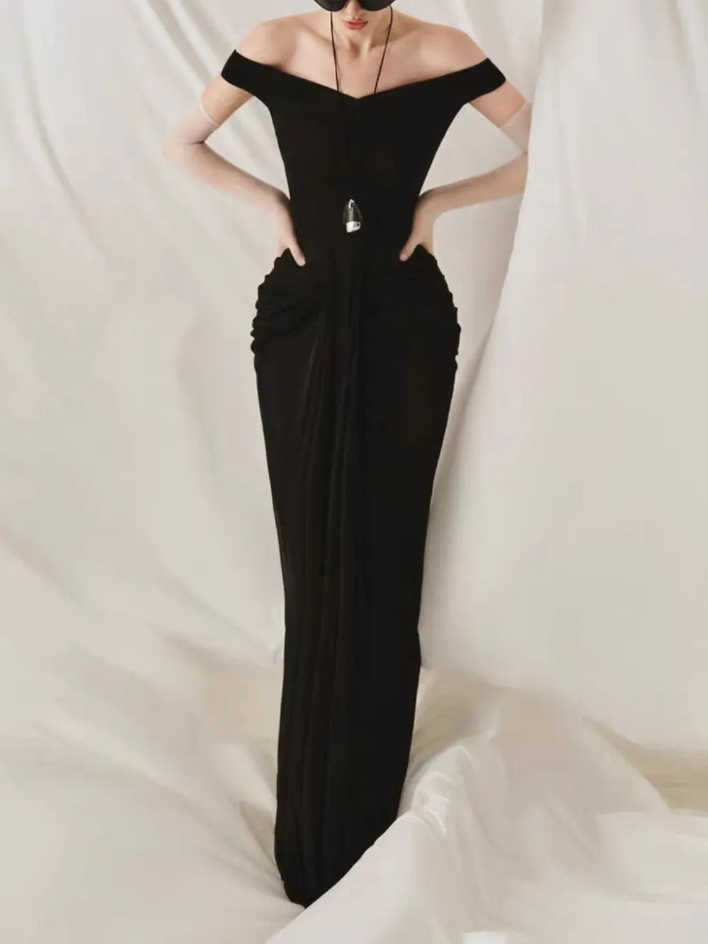 Draped Bardot Maxi Dress Black Flowering Girl