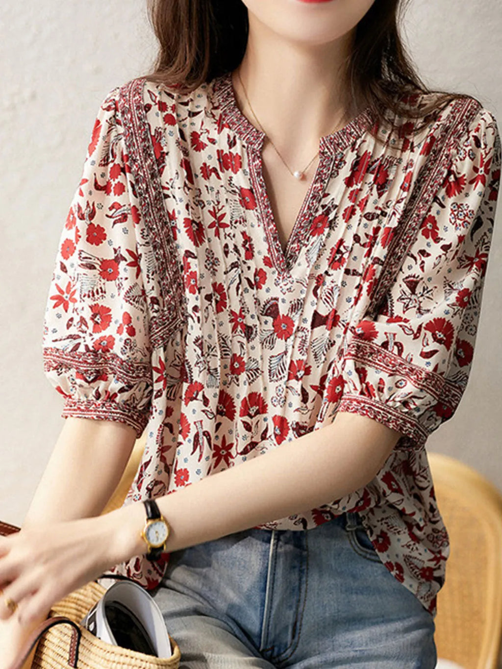 Lesley Classic Puff Sleeve Printed Top Flowering Girl