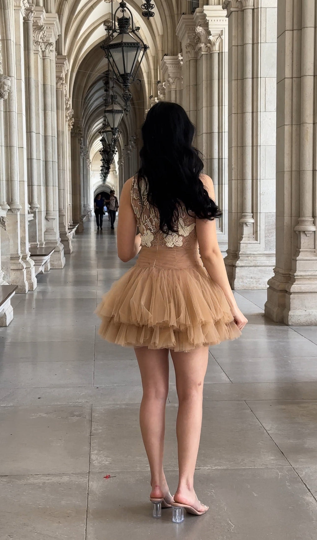 Ballerina | Beige Tulle Mini Dress With 3D Applique Flowering Girl