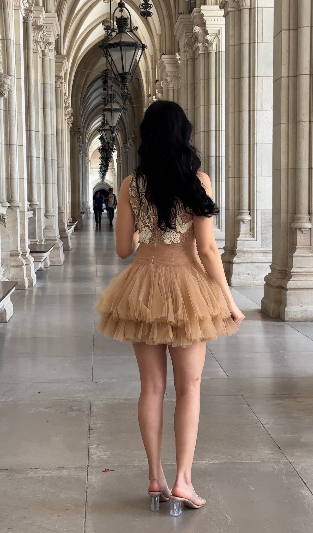 Ballerina | Beige Tulle Mini Dress With 3D Applique Flowering Girl