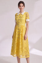Yellow Guipure Floral Lace A-Line Midi Dress Flowering Girl