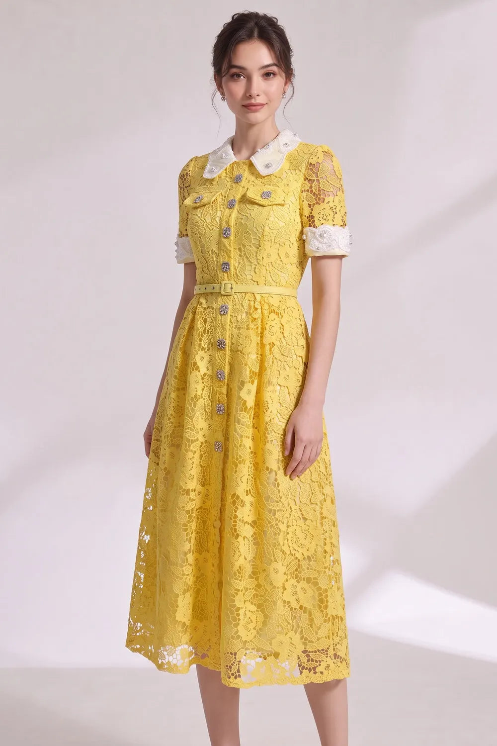 Yellow Guipure Floral Lace A-Line Midi Dress Flowering Girl