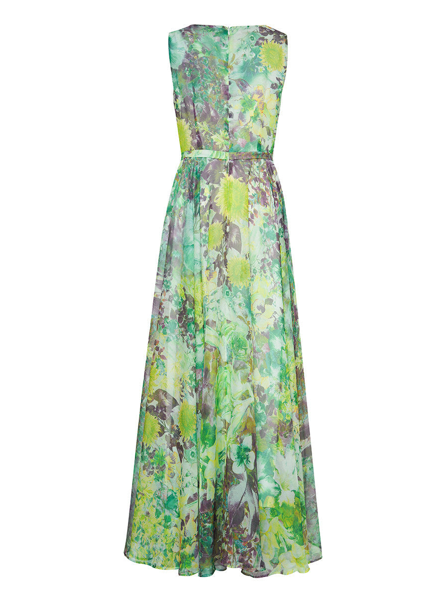 Green Flower Sleeveless Large Swing Maxi Dress Flowering Girl